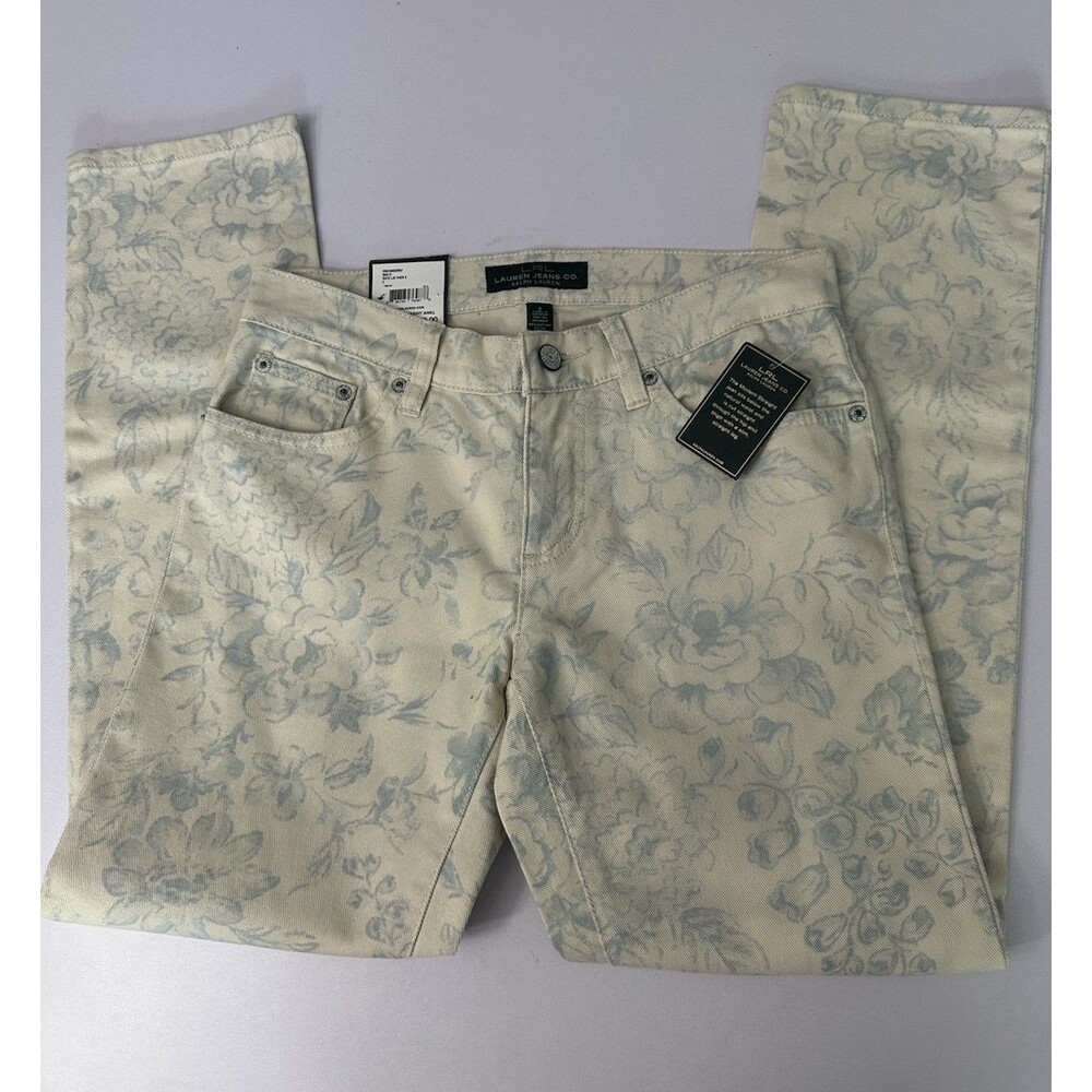 Ralph Lauren Jeans Co. Modern Straight Ankle Blue Floral Ivory Jeans Womens Sz 2
